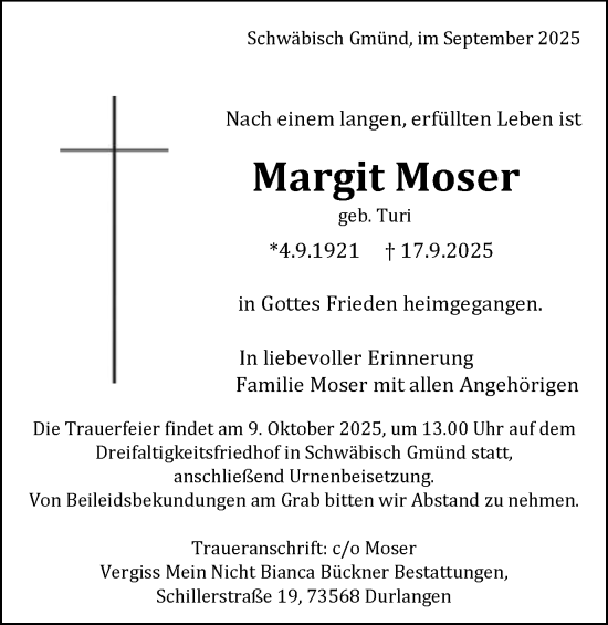 Traueranzeige von Margit Moser von Gmünder Tagespost