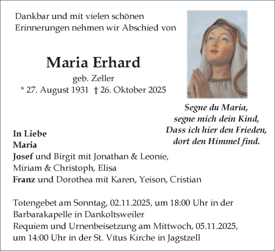 Traueranzeige von Maria Erhard von Schwäbische Post