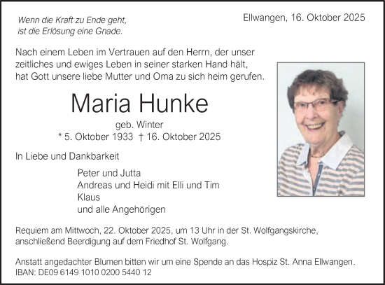 Traueranzeige von Maria Hunke von Schwäbische Post