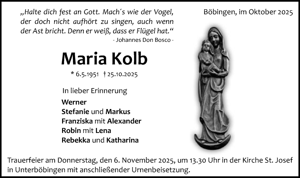  Traueranzeige für Maria Kolb vom 31.10.2025 aus Gmünder Tagespost