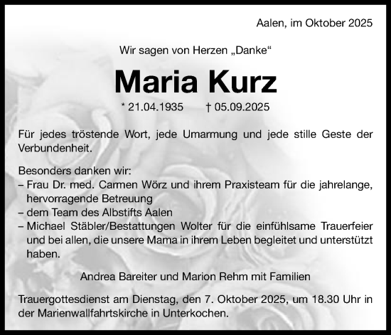 Traueranzeige von Maria Kurz von Schwäbische Post