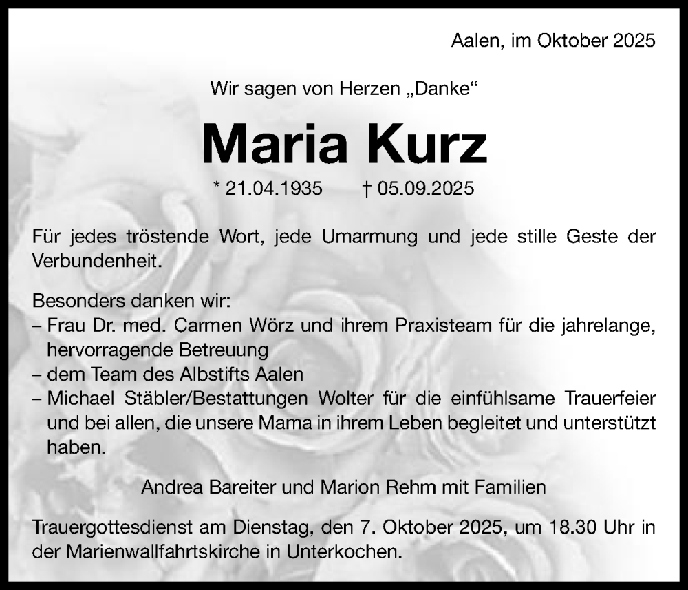  Traueranzeige für Maria Kurz vom 04.10.2025 aus Schwäbische Post