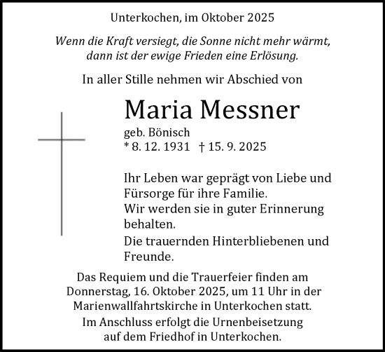 Traueranzeige von Maria Messner von Schwäbische Post