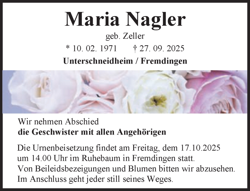  Traueranzeige für Maria Nagler vom 13.10.2025 aus Schwäbische Post