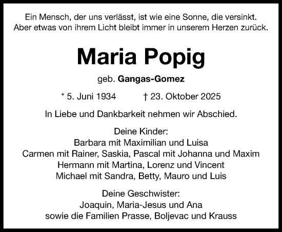 Traueranzeige von Maria Popig von Gmünder Tagespost
