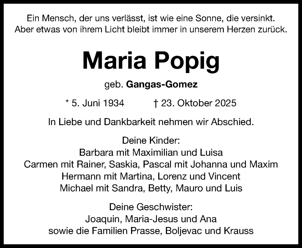  Traueranzeige für Maria Popig vom 25.10.2025 aus Gmünder Tagespost