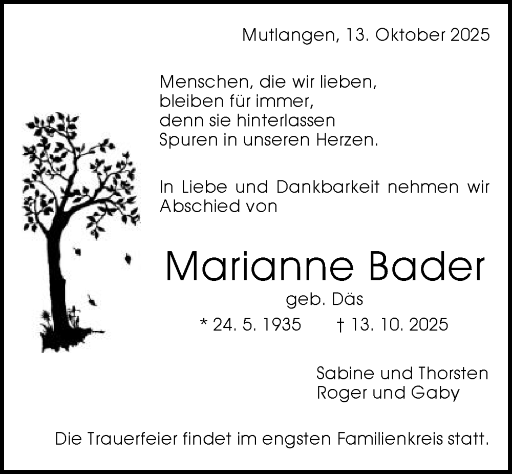  Traueranzeige für Marianne Bader vom 18.10.2025 aus Gmünder Tagespost
