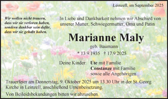 Traueranzeige von Marianne Maly von Gmünder Tagespost