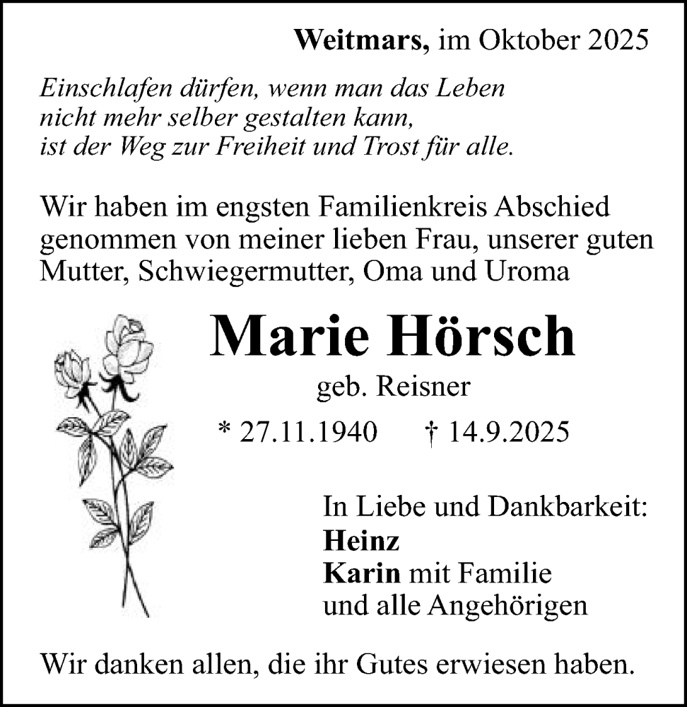  Traueranzeige für Marie Hörsch vom 10.10.2025 aus Gmünder Tagespost