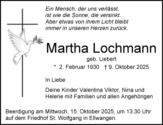 Traueranzeige von Martha Lochmann von Schwäbische Post