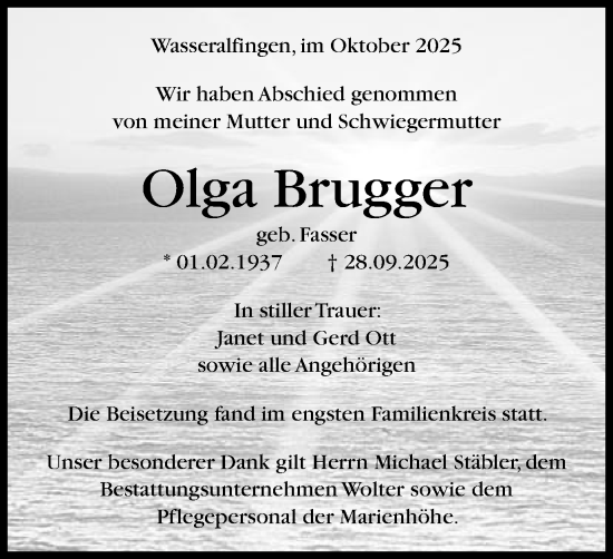 Traueranzeige von Olga Brugger von Schwäbische Post