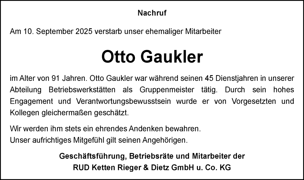  Traueranzeige für Otto Gaukler vom 15.10.2025 aus Schwäbische Post