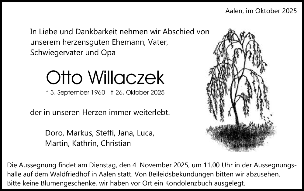  Traueranzeige für Otto Willaczek vom 30.10.2025 aus Schwäbische Post