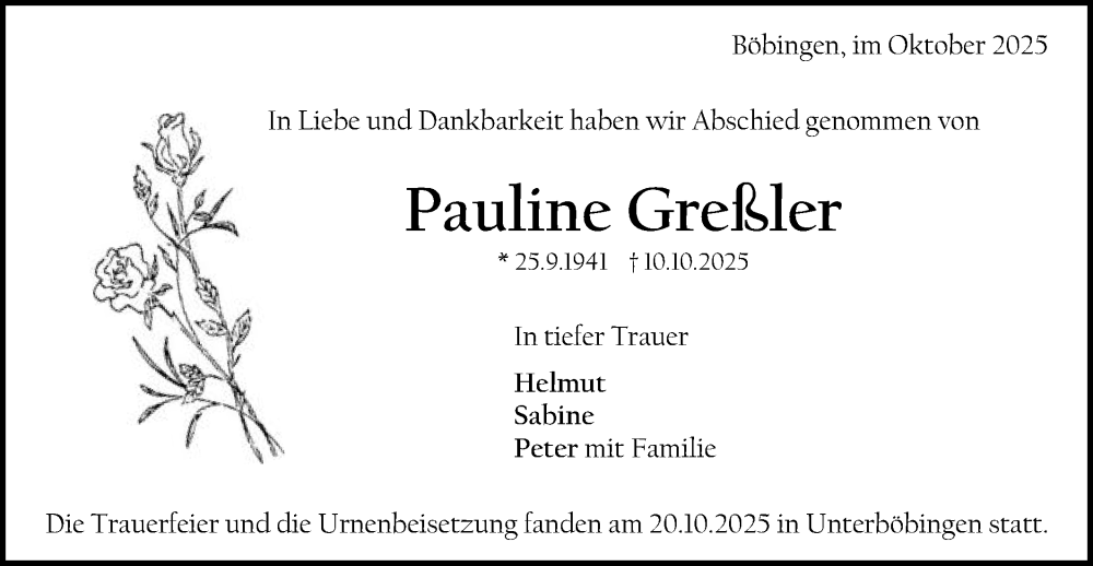  Traueranzeige für Pauline Greßler vom 25.10.2025 aus Gmünder Tagespost