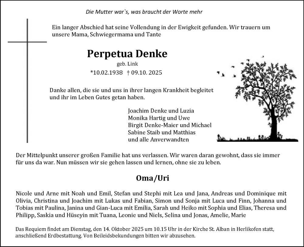  Traueranzeige für Perpetua Denke vom 11.10.2025 aus Gmünder Tagespost