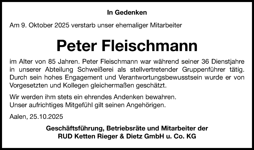  Traueranzeige für Peter Fleischmann vom 25.10.2025 aus Schwäbische Post