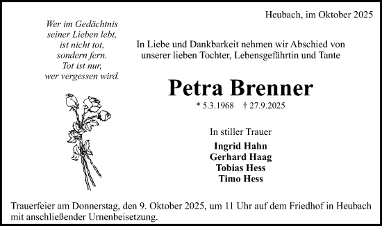Traueranzeige von Petra Brenner von Gmünder Tagespost