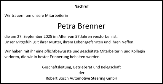 Traueranzeige von Petra Brenner von Gmünder Tagespost