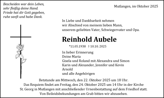 Traueranzeige von Reinhold Aubele von Gmünder Tagespost