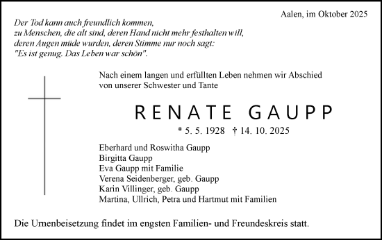 Traueranzeige von Renate Gaupp von Schwäbische Post