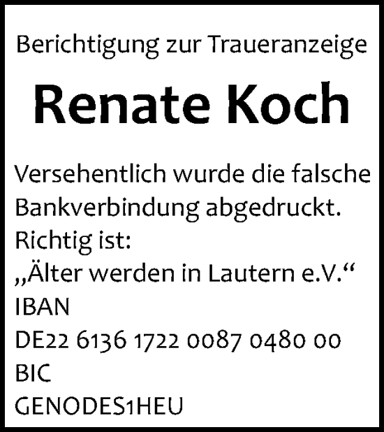 Traueranzeige von Renate Koch von Schwäbische Post