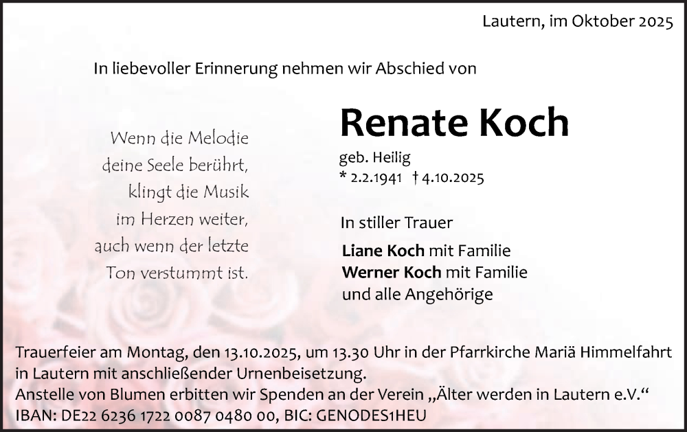 Traueranzeige für Renate Koch vom 09.10.2025 aus Schwäbische Post