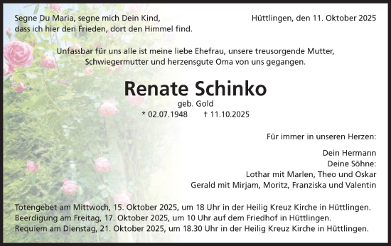 Traueranzeige von Renate Schinko von Schwäbische Post