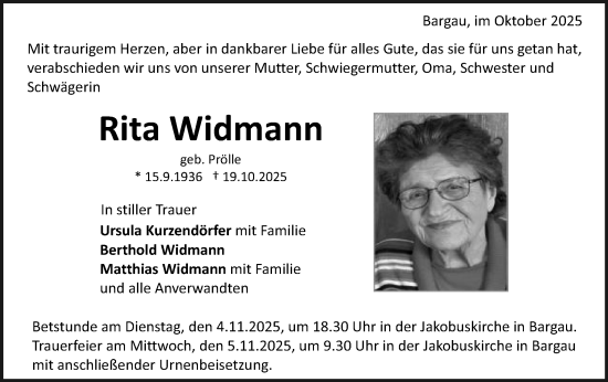 Traueranzeige von Rita Widmann von Gmünder Tagespost