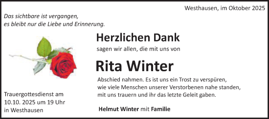 Traueranzeige von Rita Winter von Schwäbische Post