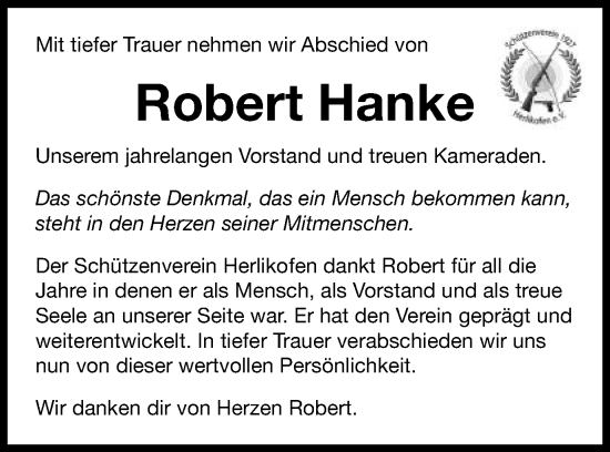 Traueranzeige von Robert Hanke von Gmünder Tagespost