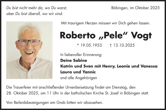 Traueranzeige von Roberto Vogt von Gmünder Tagespost