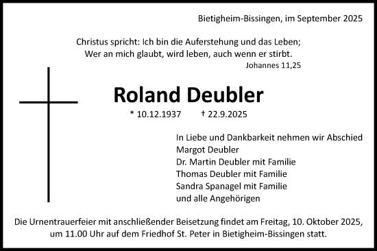 Traueranzeige von Roland Deubler von Schwäbische Post