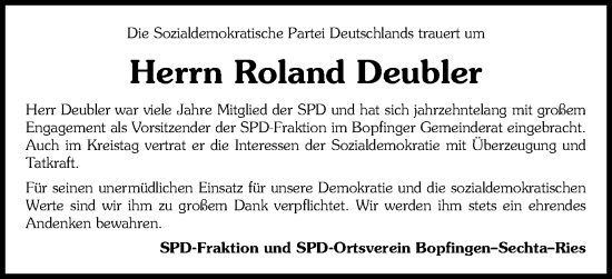 Traueranzeige von Roland Deubler von Schwäbische Post
