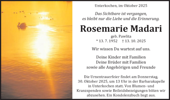 Traueranzeige von Rosemarie Madari von Schwäbische Post