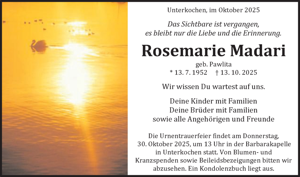  Traueranzeige für Rosemarie Madari vom 25.10.2025 aus Schwäbische Post