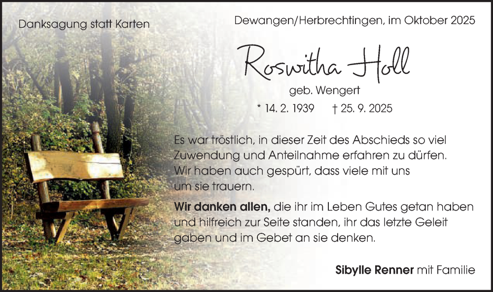  Traueranzeige für Roswitha Holl vom 11.10.2025 aus Schwäbische Post