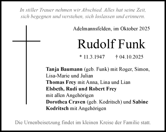 Traueranzeige von Rudolf Funk von Schwäbische Post
