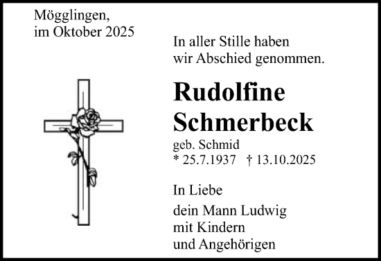 Traueranzeige von Rudolfine Schmerbeck von Gmünder Tagespost