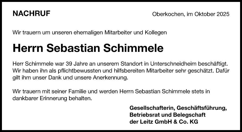  Traueranzeige für Sebastian Schimmele vom 31.10.2025 aus Schwäbische Post