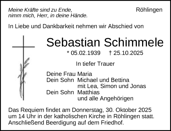 Traueranzeige von Sebastian Schimmele von Schwäbische Post