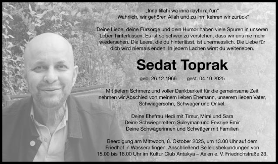 Traueranzeige von Sedat Toprak von Schwäbische Post