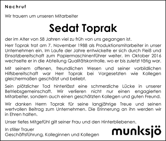 Traueranzeige von Sedat Toprak von Schwäbische Post