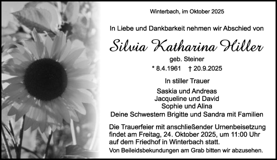 Traueranzeige von Silvia Katharina Hiller von Gmünder Tagespost
