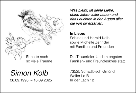 Traueranzeige von Simon Kolb von Gmünder Tagespost