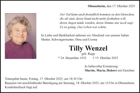 Traueranzeige von Tilly Wenzel von Schwäbische Post