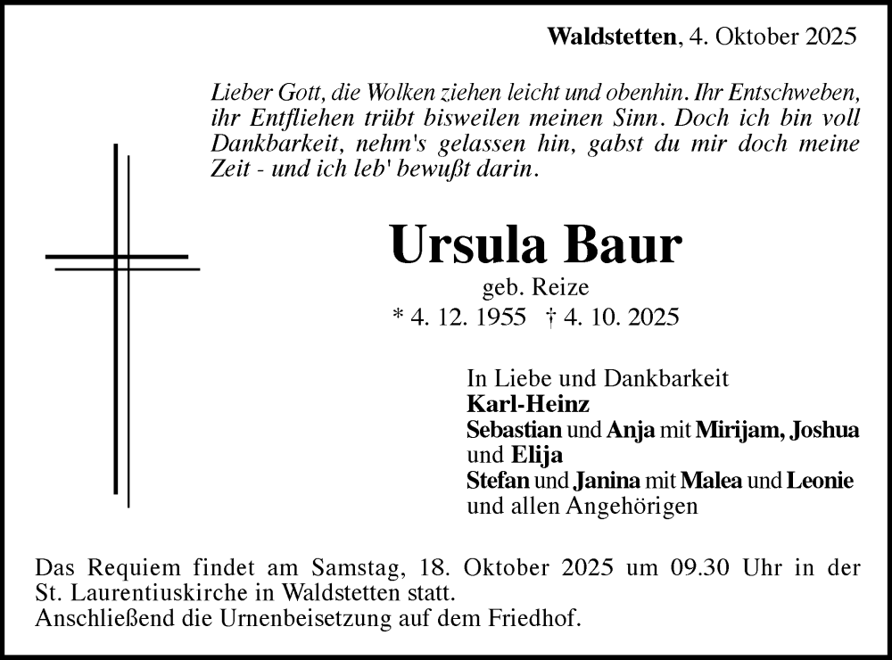  Traueranzeige für Ursula Baur vom 11.10.2025 aus Gmünder Tagespost