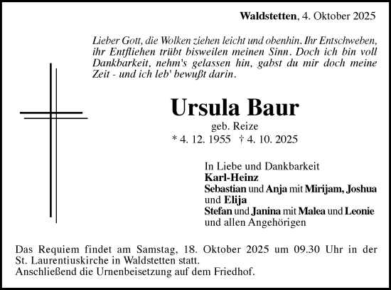 Traueranzeige von Ursula Baur von Gmünder Tagespost