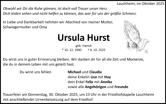Traueranzeige von Ursula Hurst von Schwäbische Post