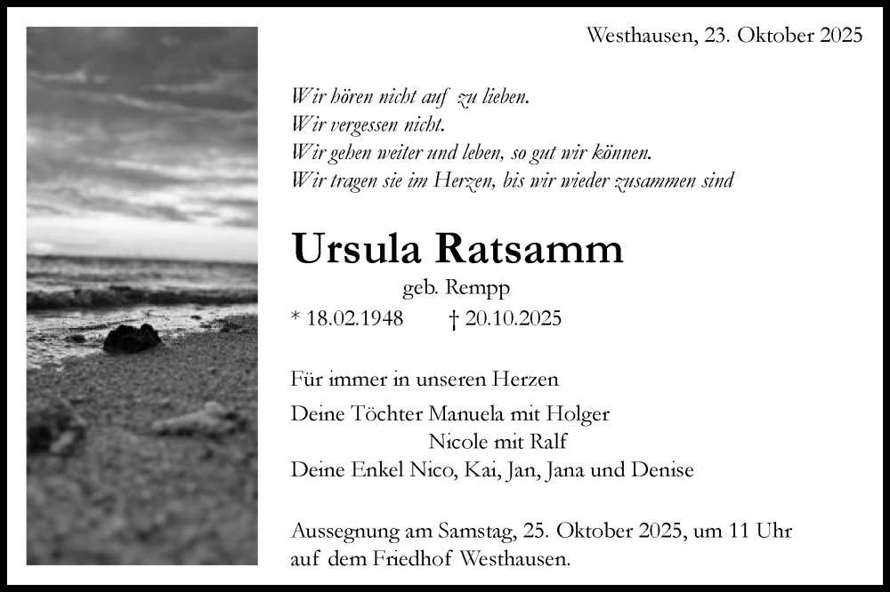 Traueranzeige für Ursula Ratsamm vom 23.10.2025 aus Schwäbische Post