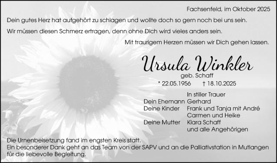 Traueranzeige von Ursula Winkler von Schwäbische Post